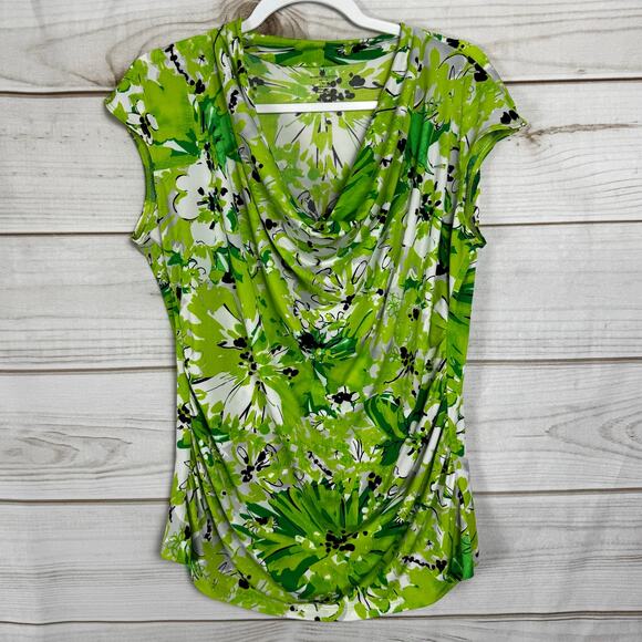 Worthington Petite Green & White Floral Print Cowl Neck Blouse Size PL - Picture 1 of 8